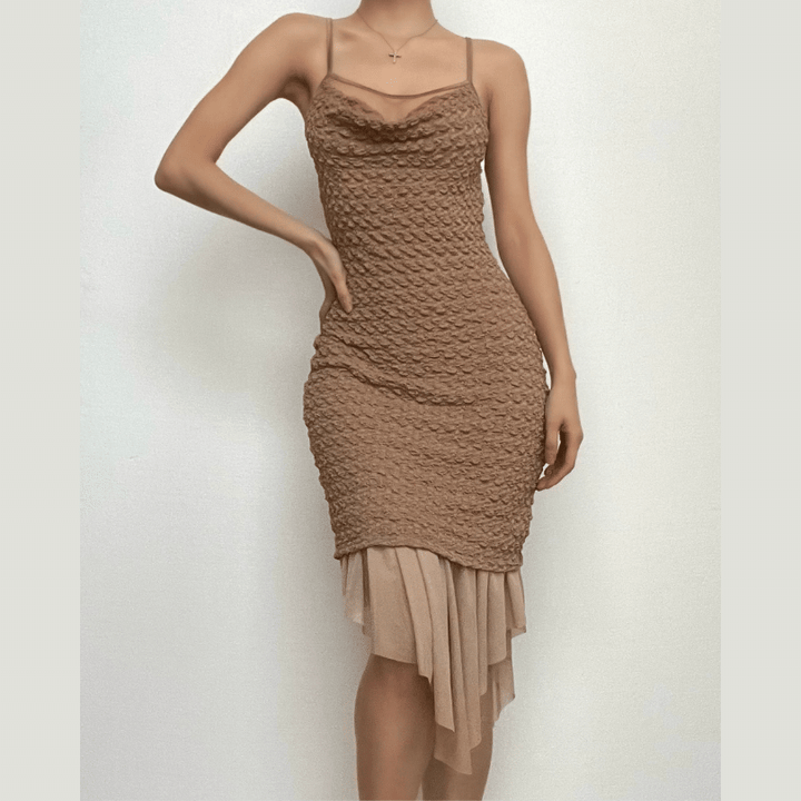 Textured mesh solid ruched irregular cami midi dress - Final Sale  | Festival Outfits Women