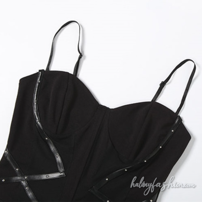 Mesh patchwork PU leather cami mini skirt set