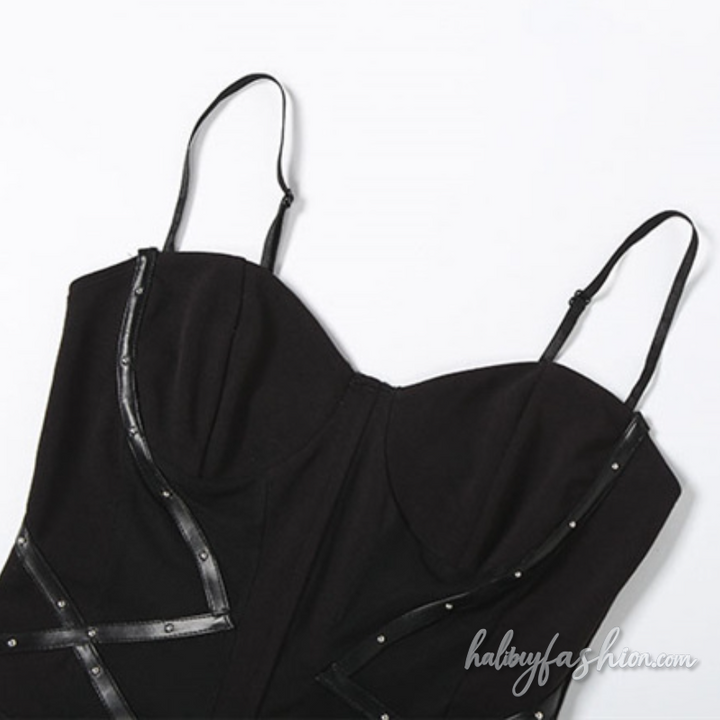 Mesh patchwork PU leather cami mini skirt set