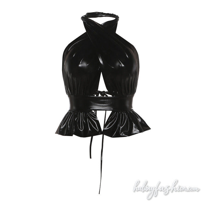 Halter hollow out self tie ruched backless top