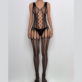 U neck net hollow out solid bodystocking  | Festival Outfits Women