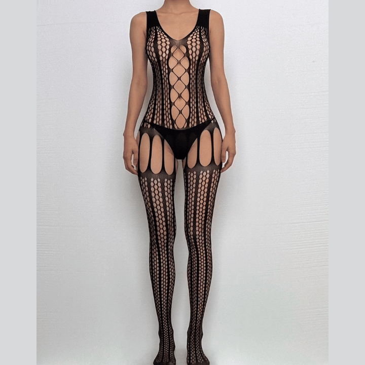 U neck net hollow out solid bodystocking  | Festival Outfits Women