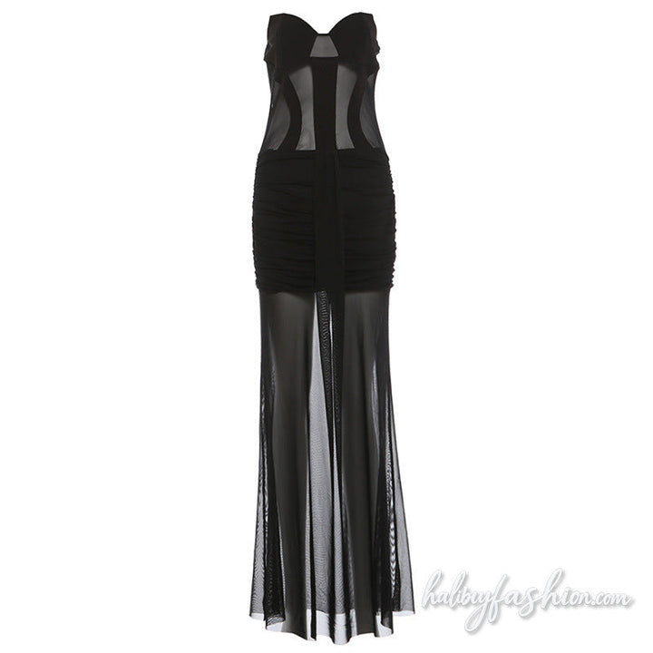 Hollow out ruched mesh solid backless maxi dress