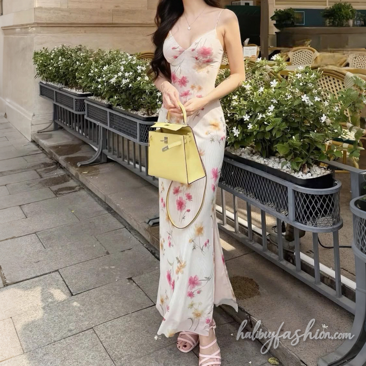 V neck flower print contrast cami maxi dress