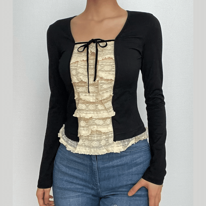 Lace patchwork contrast long sleeve self tie top-final-sale  | Festival Outfits Women