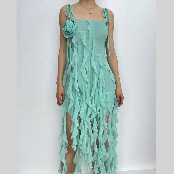Ruffle solid self tie mesh flower applique ribbon midi dress-final-sale  | Festival Outfits Women