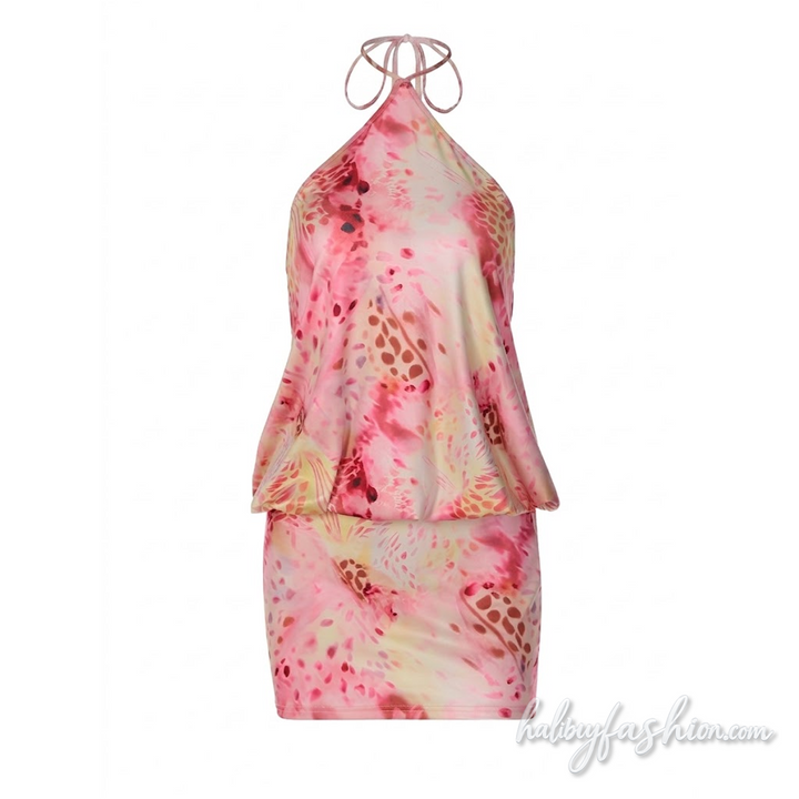 Halter self tie ruched print backless mini dress - Halibuy