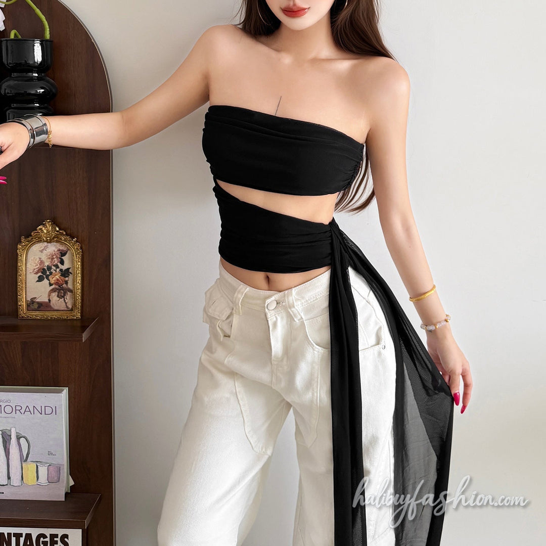 Irregular ruched zip-up hollow out tube top