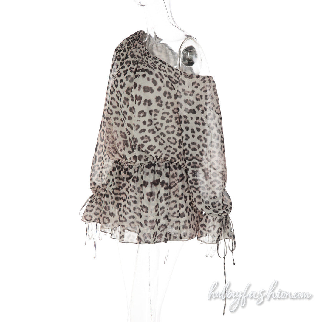 Leopard print long sleeve one shoulder chiffon mini dress - Halibuy - 3