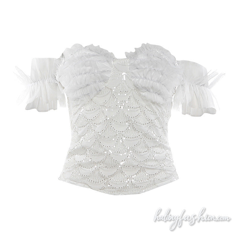 Off shoulder ruffle glitter ruched tube top - Halibuy - 2