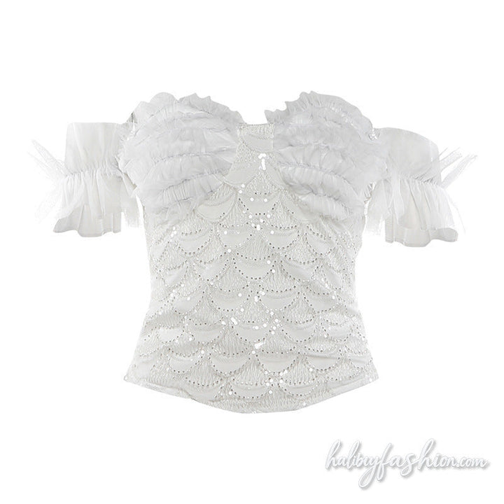 Off shoulder ruffle glitter ruched tube top - Halibuy - 2