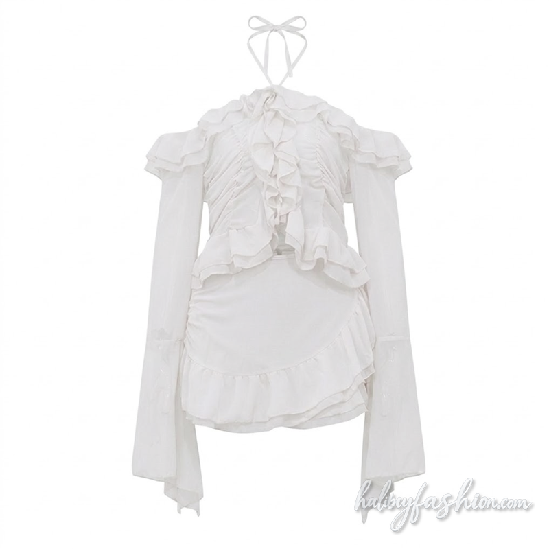 Long flared sleeve ruffle halter off shoulder mini skirt set