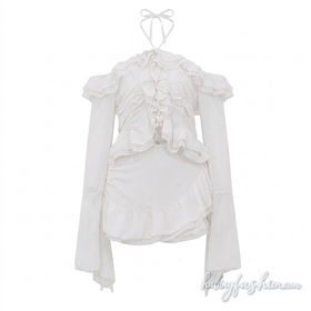Long flared sleeve ruffle halter off shoulder mini skirt set