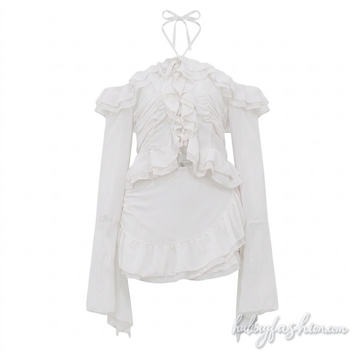Long flared sleeve ruffle halter off shoulder mini skirt set