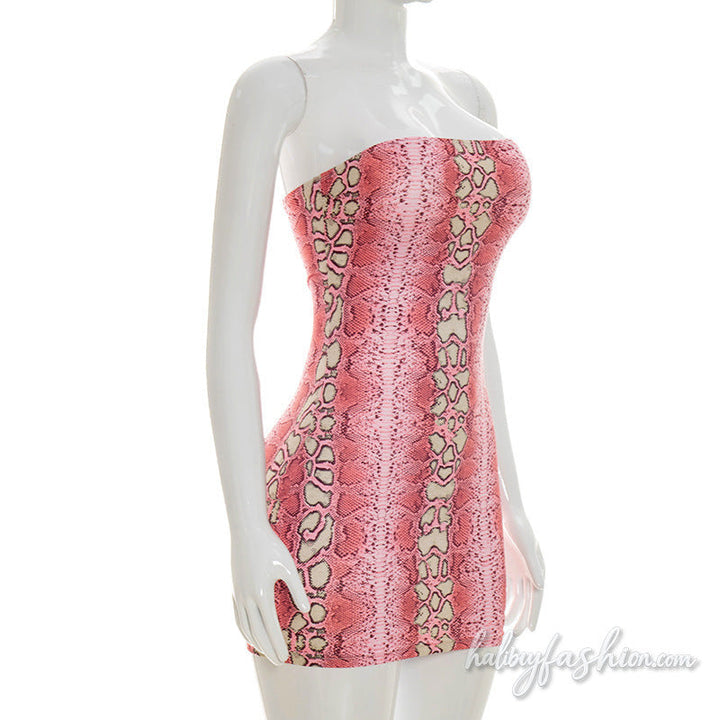 Snakeskin print contrast backless tube mini dress