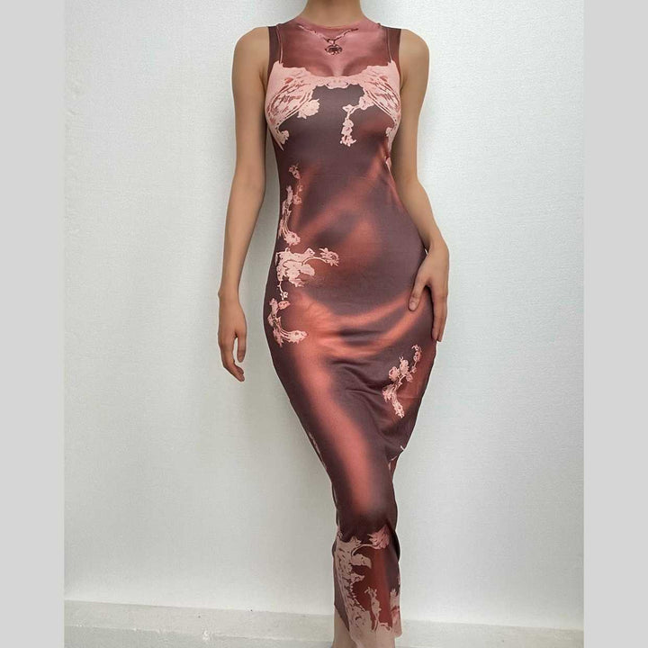 Flower print contrast sleeveless crewneck midi dress-final-sale  | Festival Outfits Women