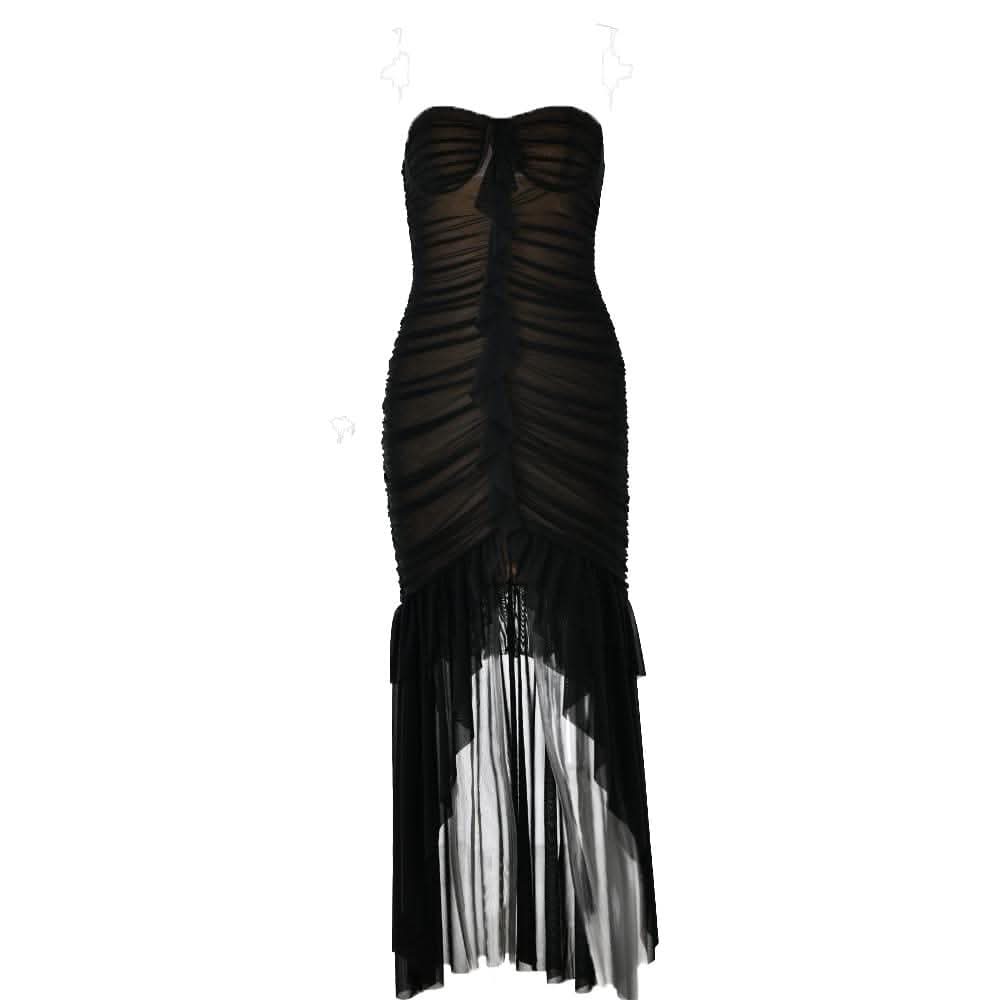 Sweetheart neck ruched ruffle tube midi dress-final-sale  | Festival Outfits Women