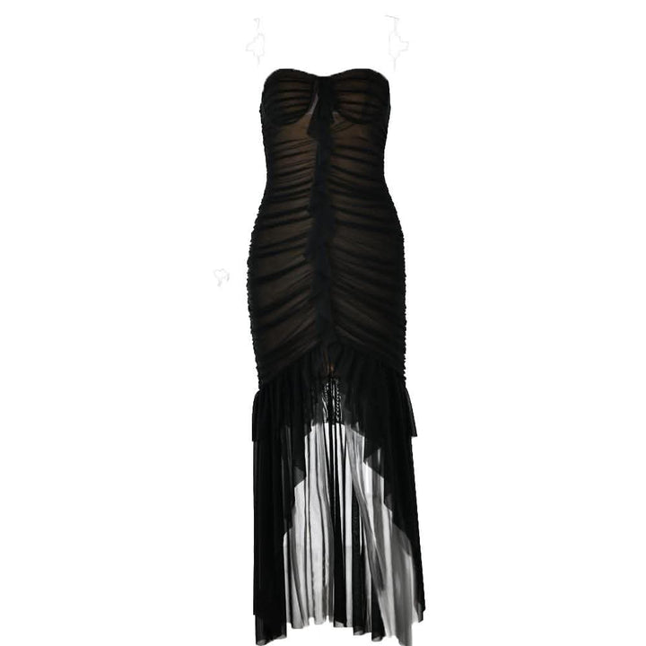 Sweetheart neck ruched ruffle tube midi dress-final-sale  | Festival Outfits Women
