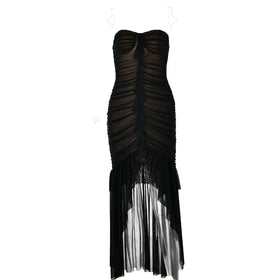 Sweetheart neck ruched ruffle tube midi dress  | Festival Outfits Women