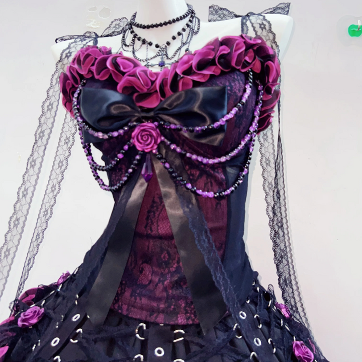 Long flared sleeve flower applique beaded mini skirt set  | Festival Outfits Women