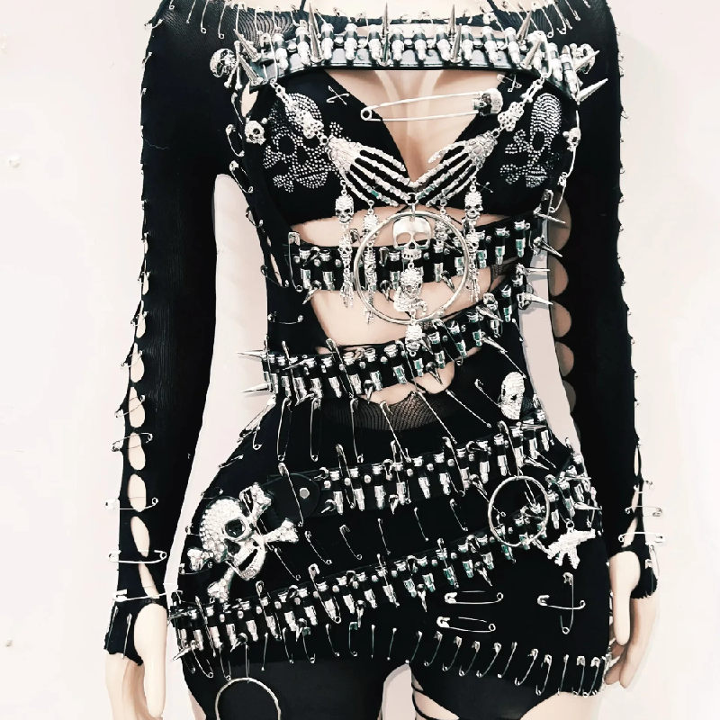 Off shoulder skull applique hollow out cut out mini dress