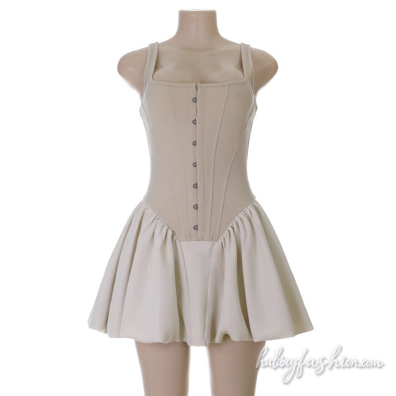 Square neck ruched backless cami mini dress
