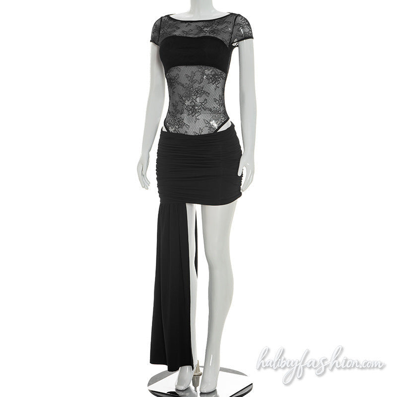 Crewneck cap sleeve lace ruched irregular mini skirt set - Halibuy - 3
