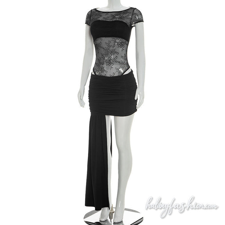 Crewneck cap sleeve lace ruched irregular mini skirt set - Halibuy - 3
