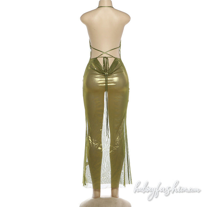 Ruched see through self tie halter maxi dress