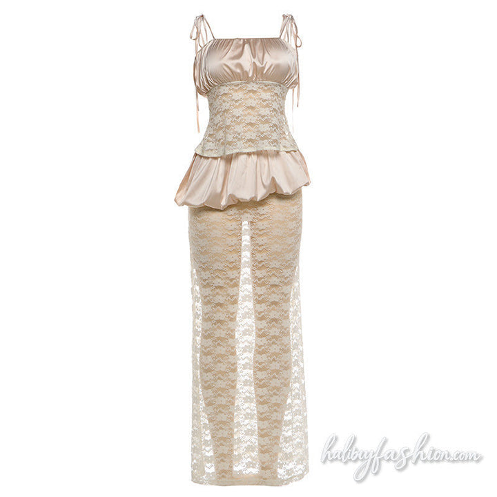 Ruched lace square neck self tie cami maxi skirt set