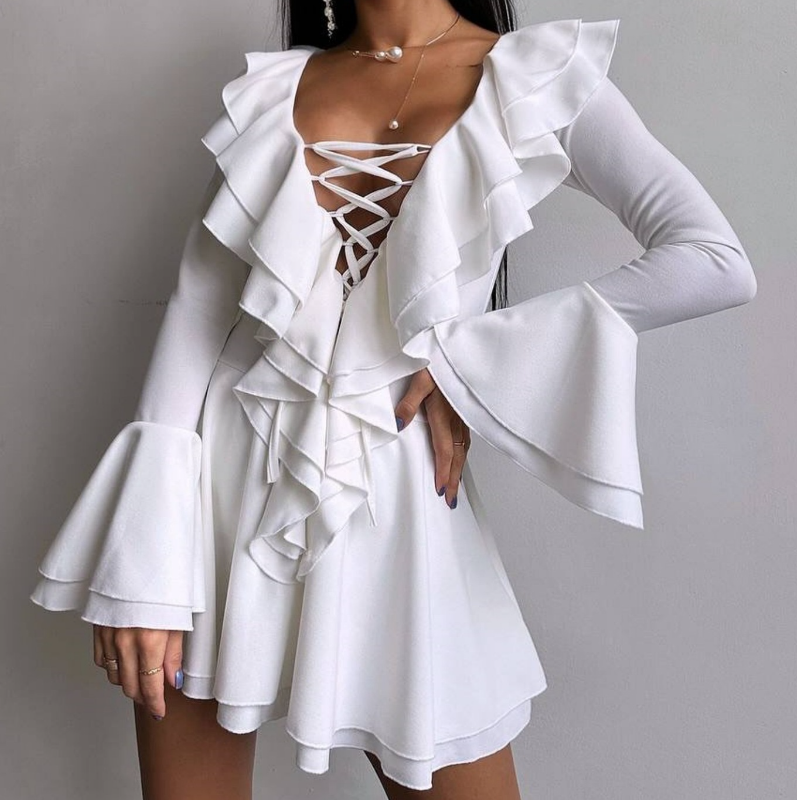 Long flared sleeve ruffle lace up solid mini dress