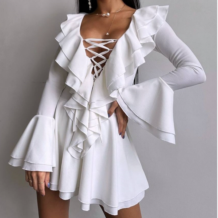 Long flared sleeve ruffle lace up solid mini dress