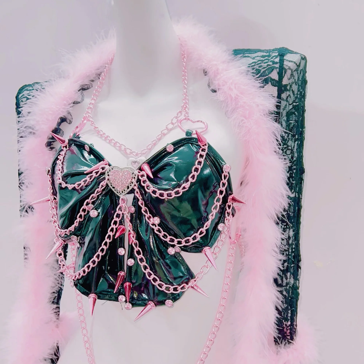 Long sleeve feather metal chain rivet applique pant set  | Festival Outfits Women