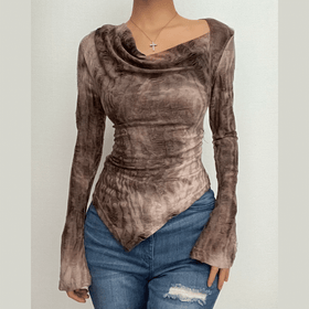 Cowl neck long flared sleeve tie dye ruched irregular top  | Festival Outfits Women