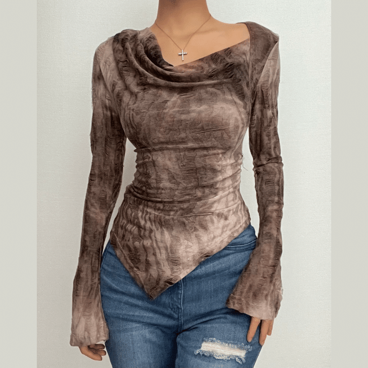 Cowl neck long flared sleeve tie dye ruched irregular top  | Festival Outfits Women