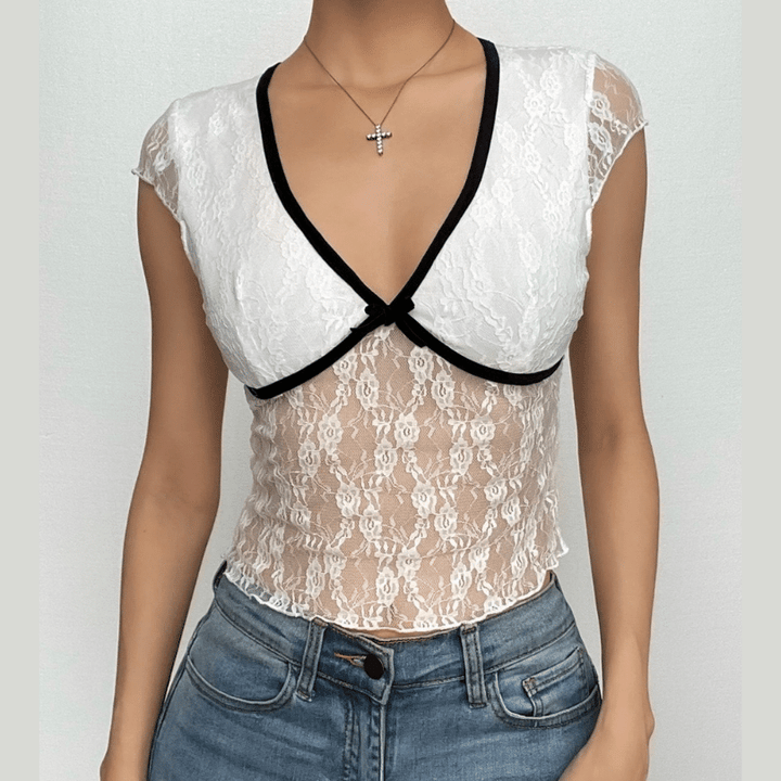 Lace contrast v neck cap sleeve bowknot ruffle crop top  | Festival Outfits Women