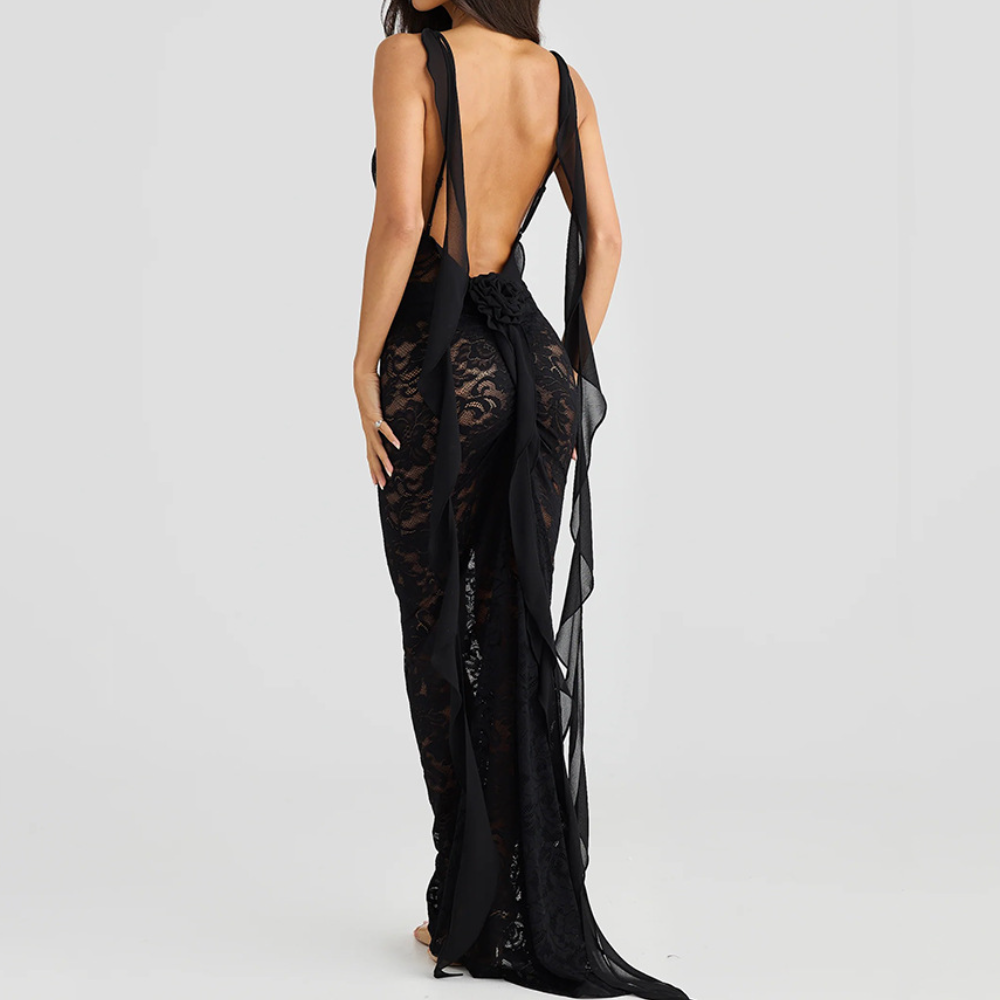 U neck flower applique lace backless cami maxi dress  | Festival Outfits Women