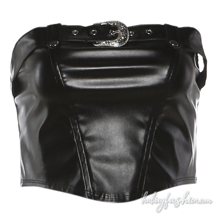 PU leather buckle zip-up tube crop top