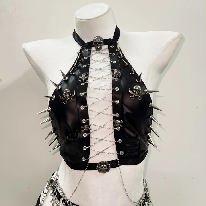 Metal chain zip-up skull applique hollow out mini skirt set  | Festival Outfits Women