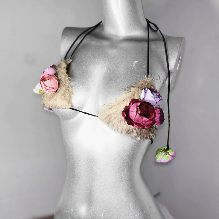 Halter self tie flower applique fluffy backless top  | Festival Outfits Women