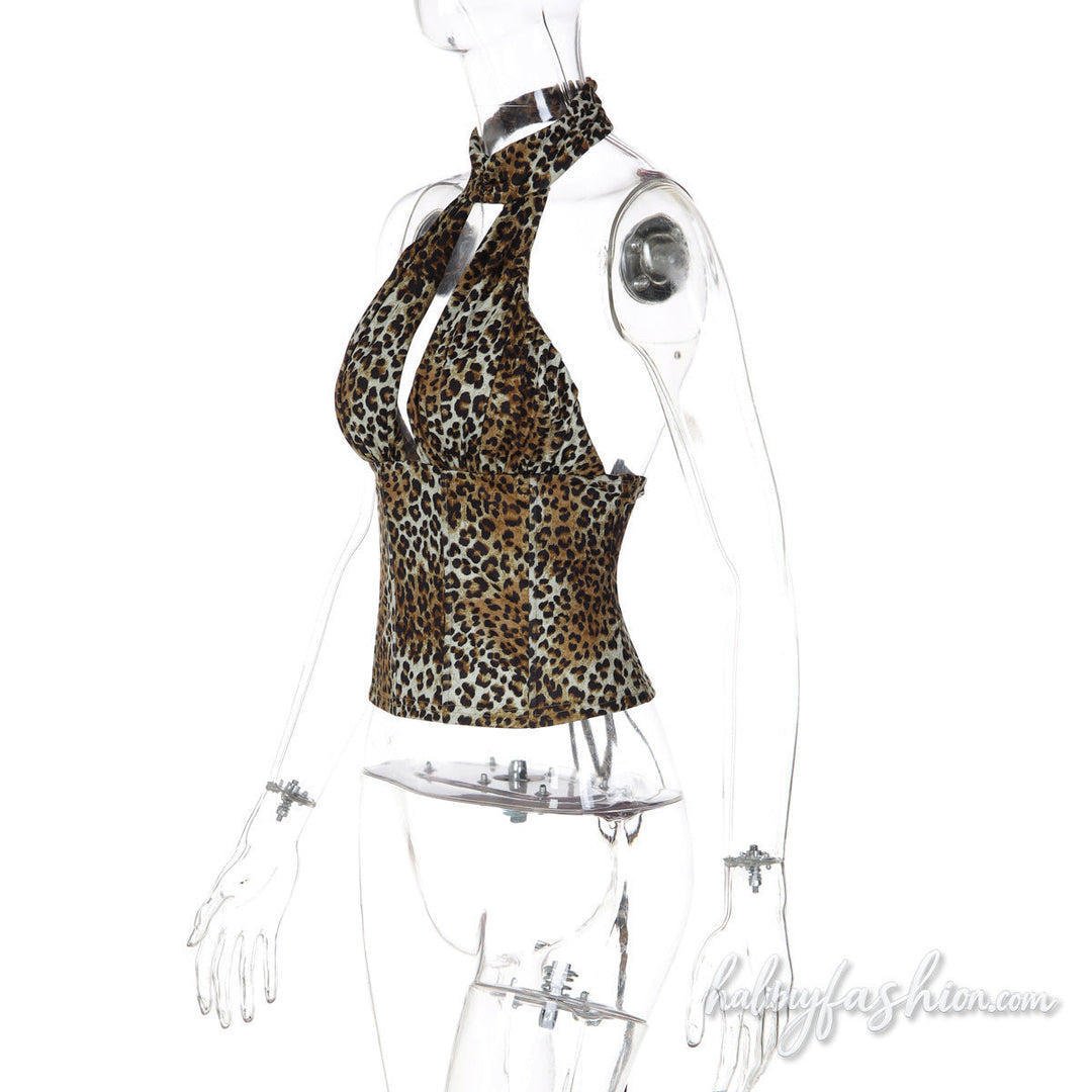 Leopard print halter button lace up hollow out top - Halibuy - 4