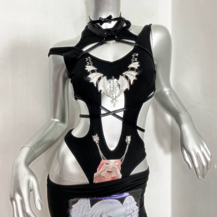 Hollow out crewneck portrait pattern bodysuit  | Festival Outfits Women