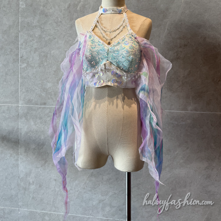 Halter hollow out beaded glitter top