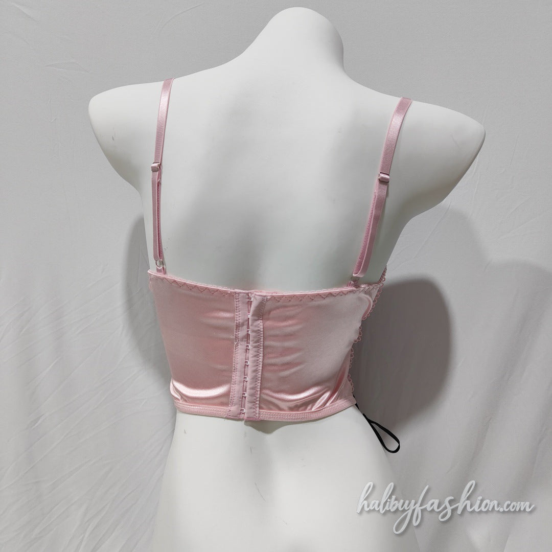 V neck lace up satin cross embroidery cami top - Halibuy - 3