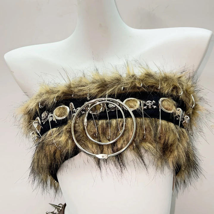 Fluffy o ring rivet applique tube mini skirt set  | Festival Outfits Women