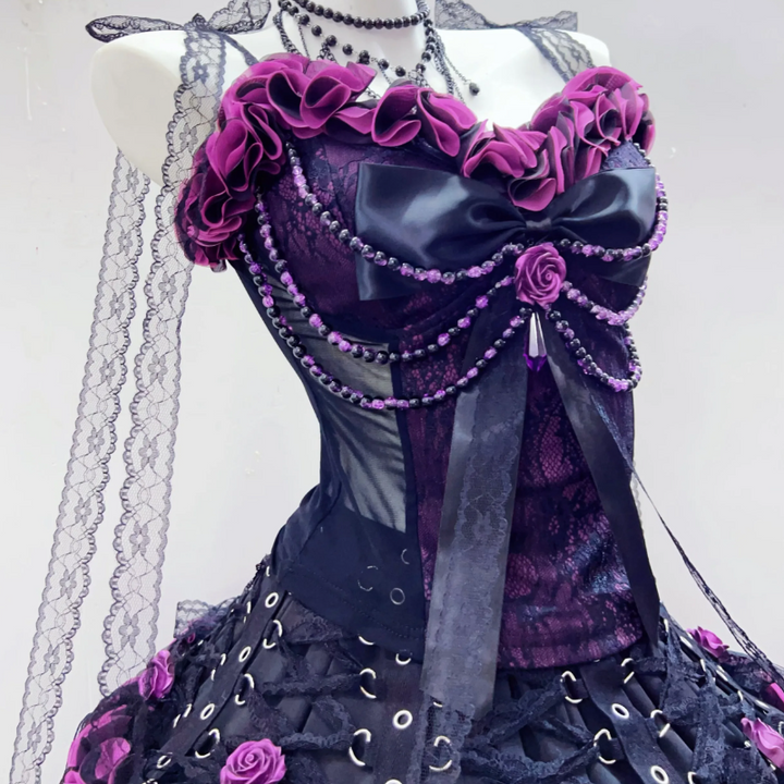 Long flared sleeve flower applique beaded mini skirt set  | Festival Outfits Women