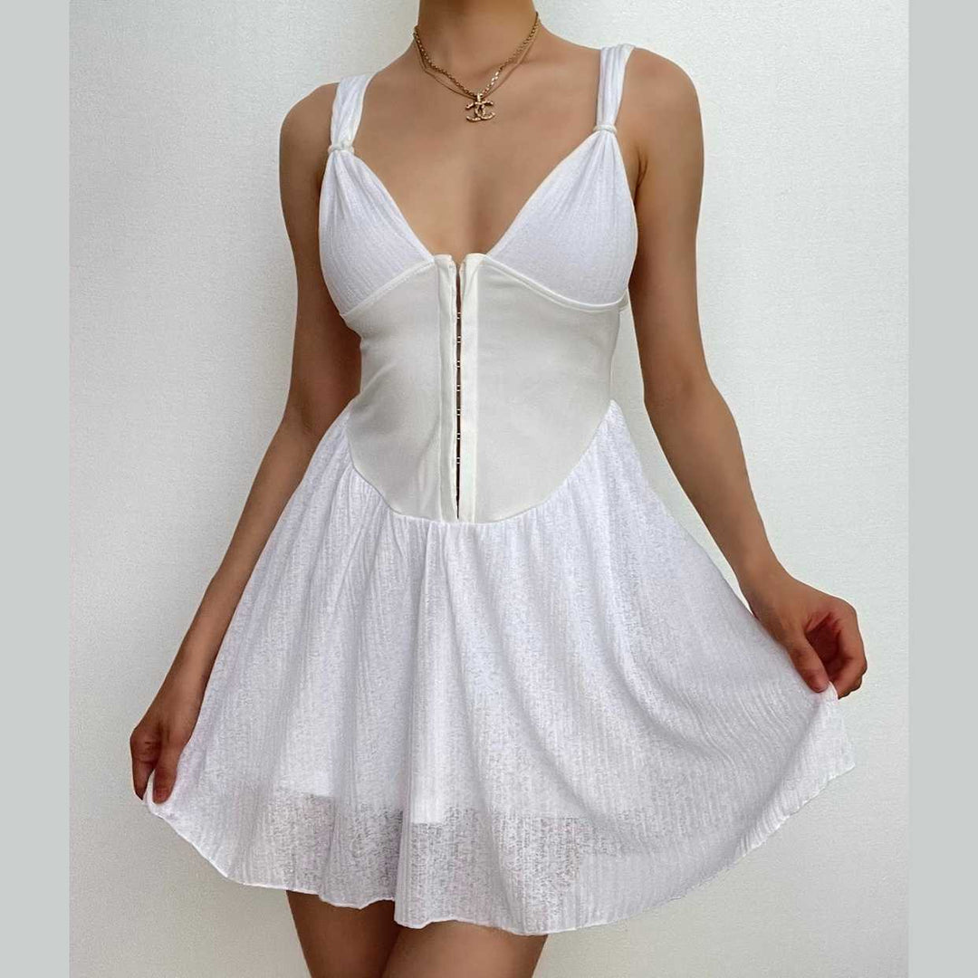 Button patchwork chiffon ruffle low cut mini dress - Final Sale