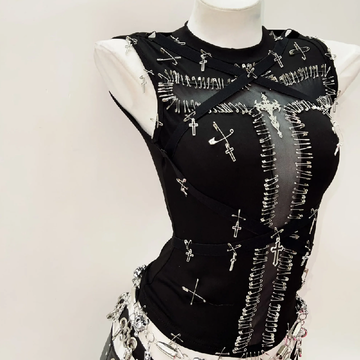 Crewneck sleeveless cross applique top  | Festival Outfits Women