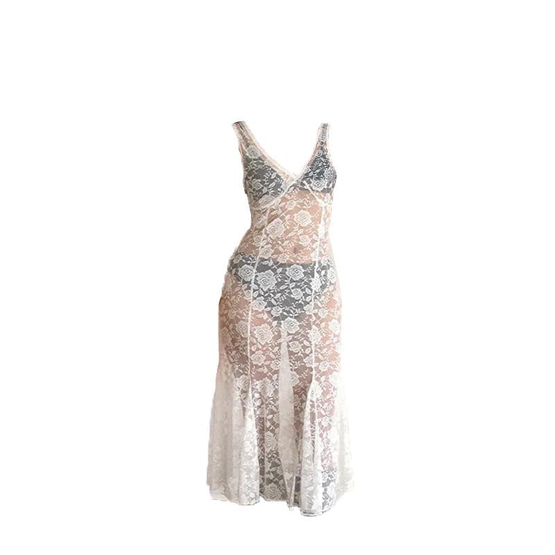 Sleeveless V neck rose pattern lace see through midi dress  | Festival Outfits Women