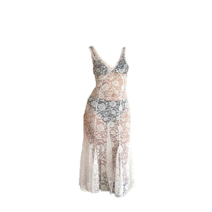 Sleeveless V neck rose pattern lace see through midi dress  | Festival Outfits Women